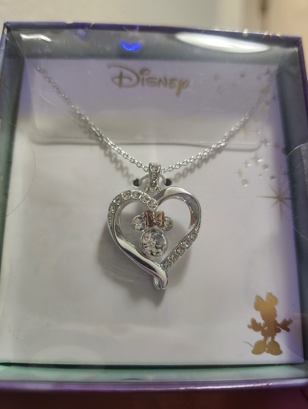 Disney Silver Heart Pendant Necklace with Clear and Pink Crystals